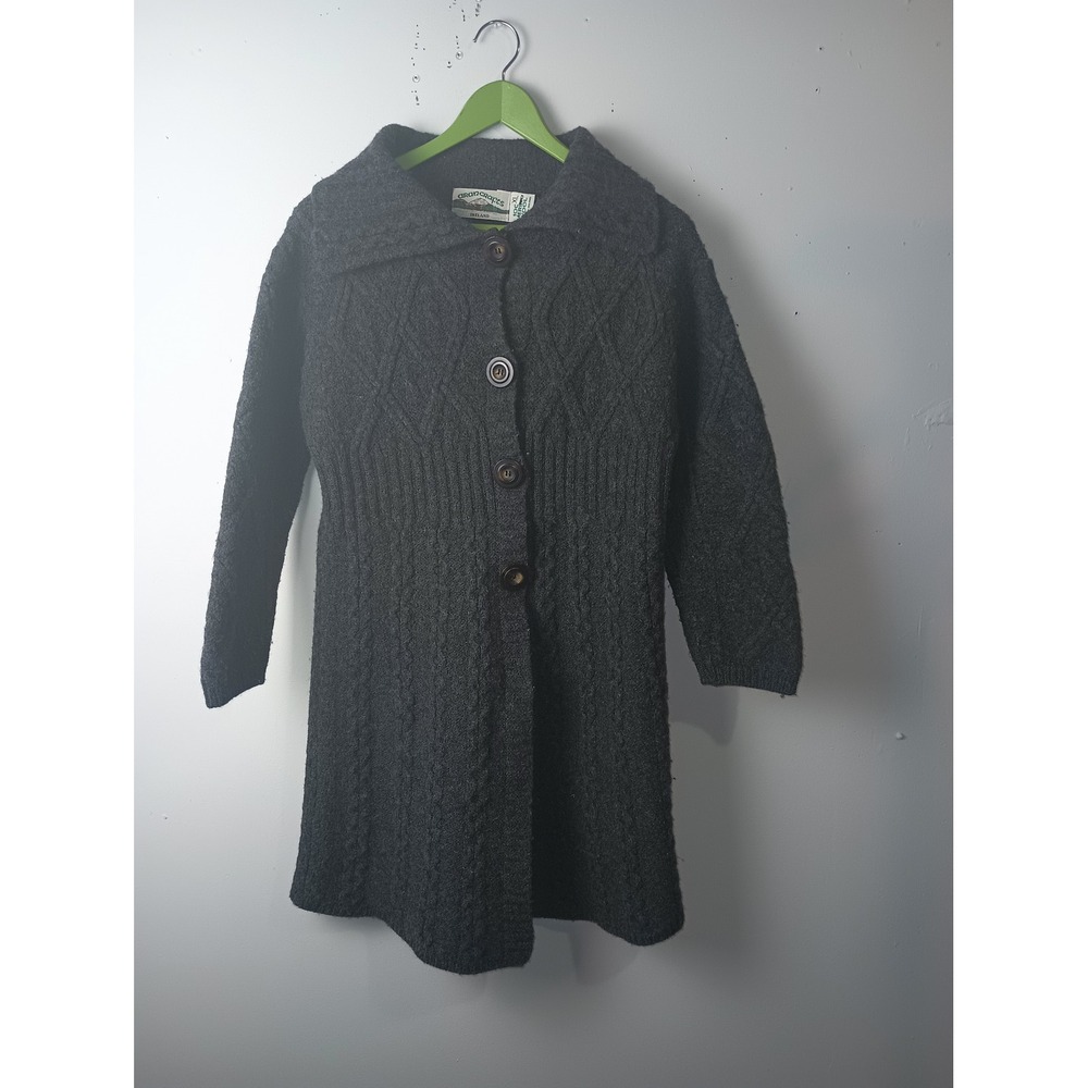 Aran Crafts Ireland Merino Wool Cardigan Sweater Coat Charcoal Gray XL Small Fit